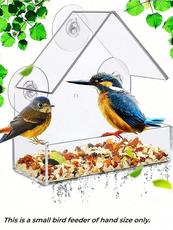 A clear acrylic window bird feeder shaped like a house with a slanted roof, featuring a bird feeding inside.