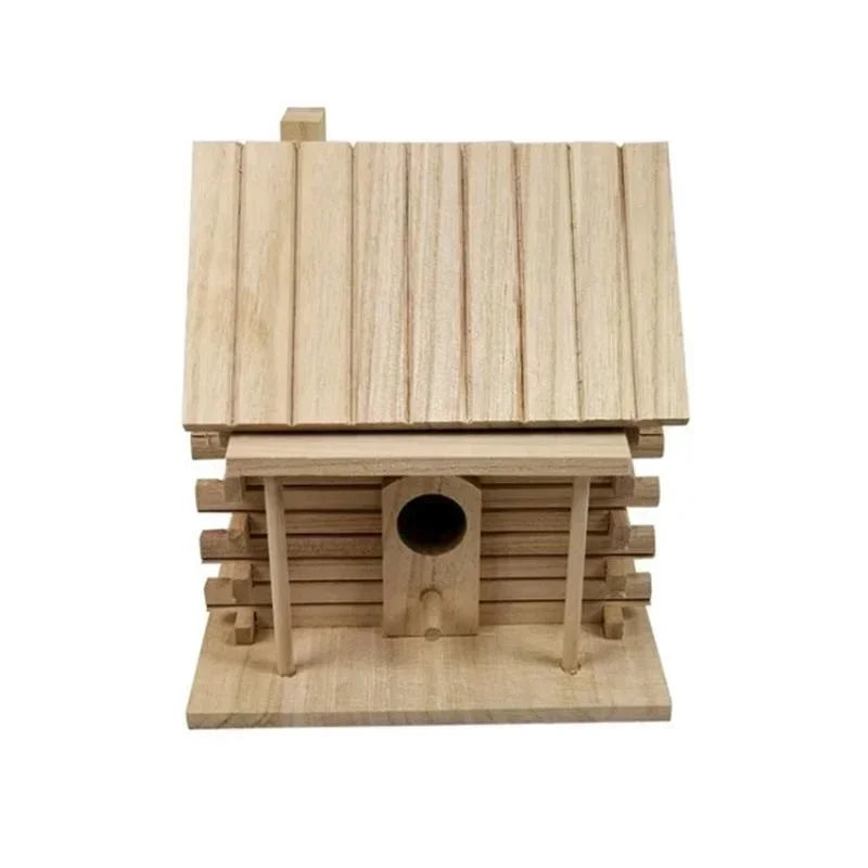 A natural light wood birdhouse with vertical siding and a pitched roof.