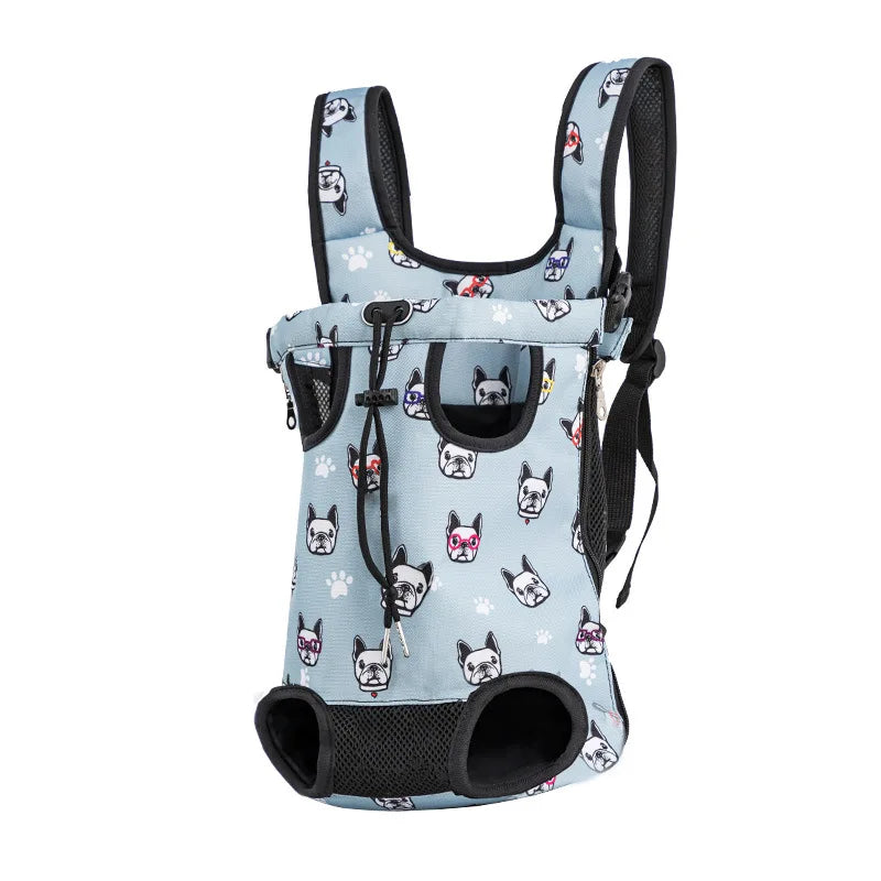 A light blue and gray outdoor camouflage dog carrier backpack with a black strap and mesh pockets.
