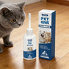 A bottle of EelJoy Pet Ear Cleaner solution next to a tabby cat on a wooden floor.