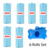 A set of six light blue reusable pet poop bag dispensers with red arrows and a blue leash clip.