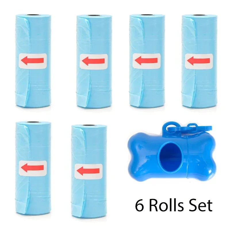 A set of six light blue reusable pet poop bag dispensers with red arrows and a blue leash clip.