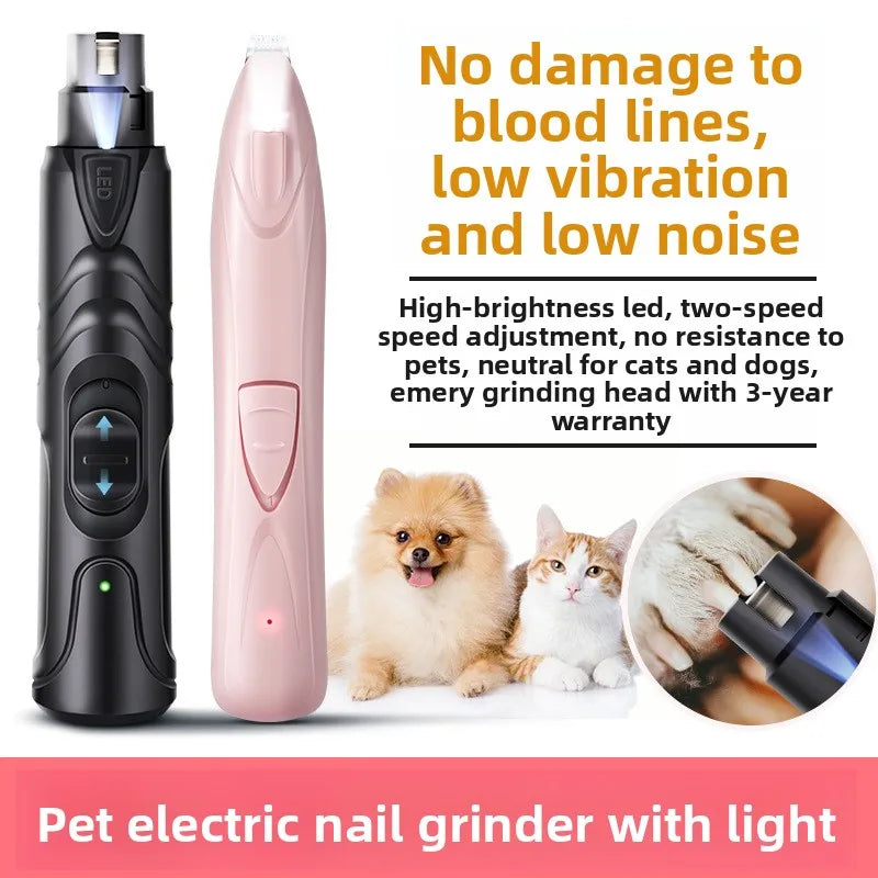 Une ponceuse à griffes électrique noire avec lumière LED et sa version rose, montrées à côté d'animaux de compagnie.