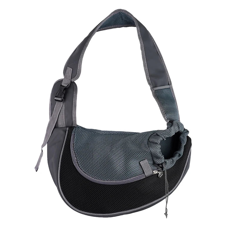A dark gray breathable mesh pet carrier sling with padded straps and a black fabric base.