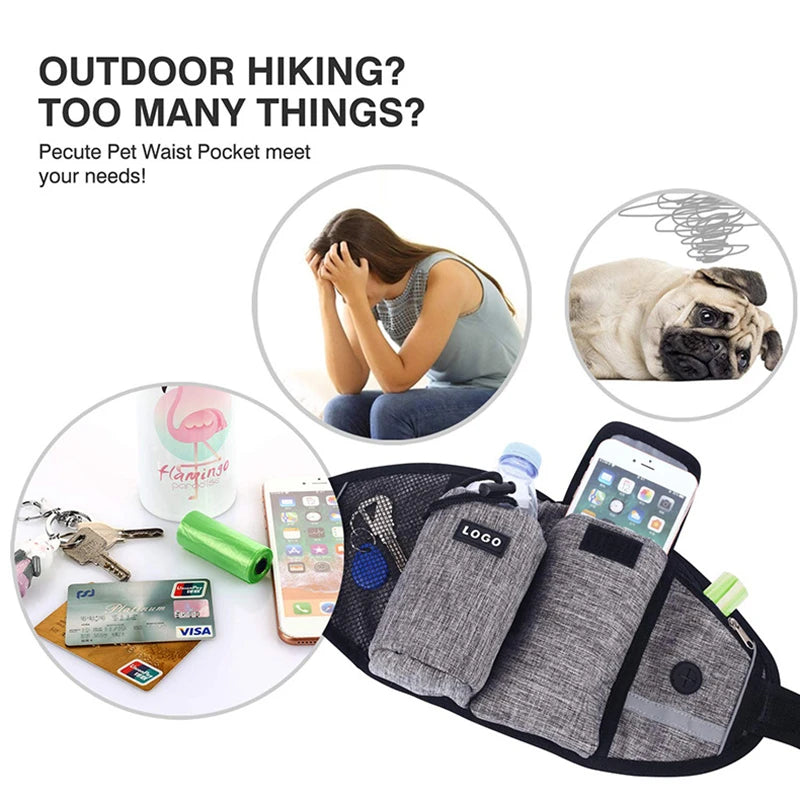 A black hands-free dog walking belt with a treat pouch and bungee leash is shown next to a dog and various accessories.