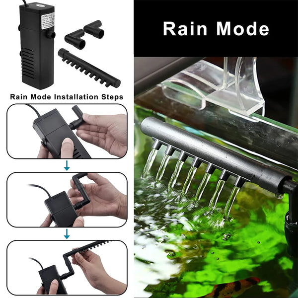 Installation steps for a rain mode submersible aquarium filter and water pump