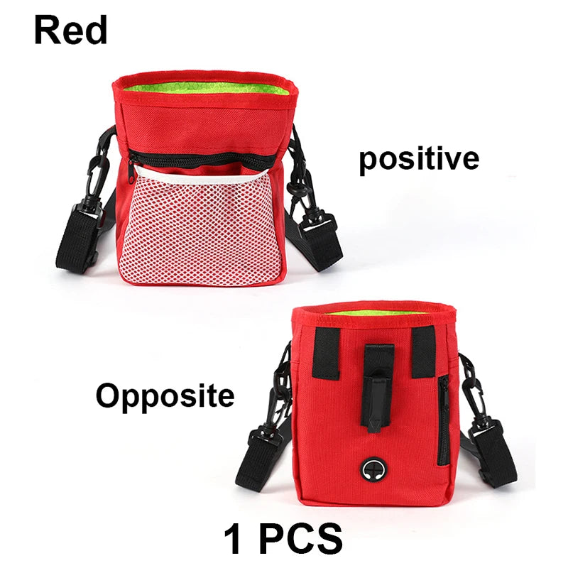 A pair of red pet training treat bags, one positive and one opposite, shown with a red and white patterned pouch.