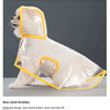 A white dog is wearing a transparent raincoat with a yellow hood and trim.