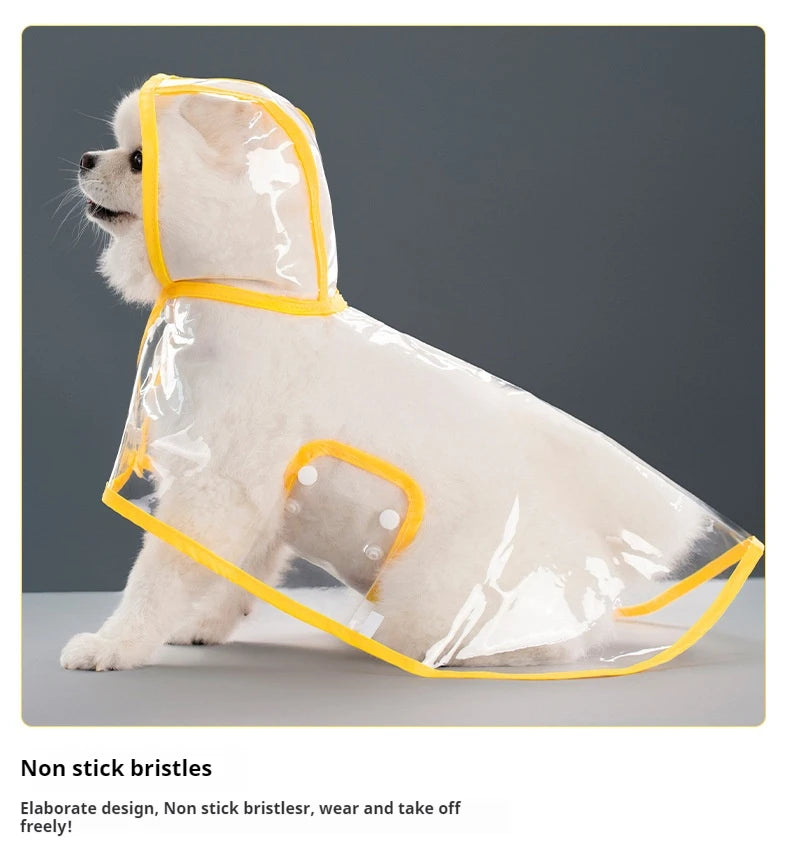 A white dog is wearing a transparent raincoat with a yellow hood and trim.
