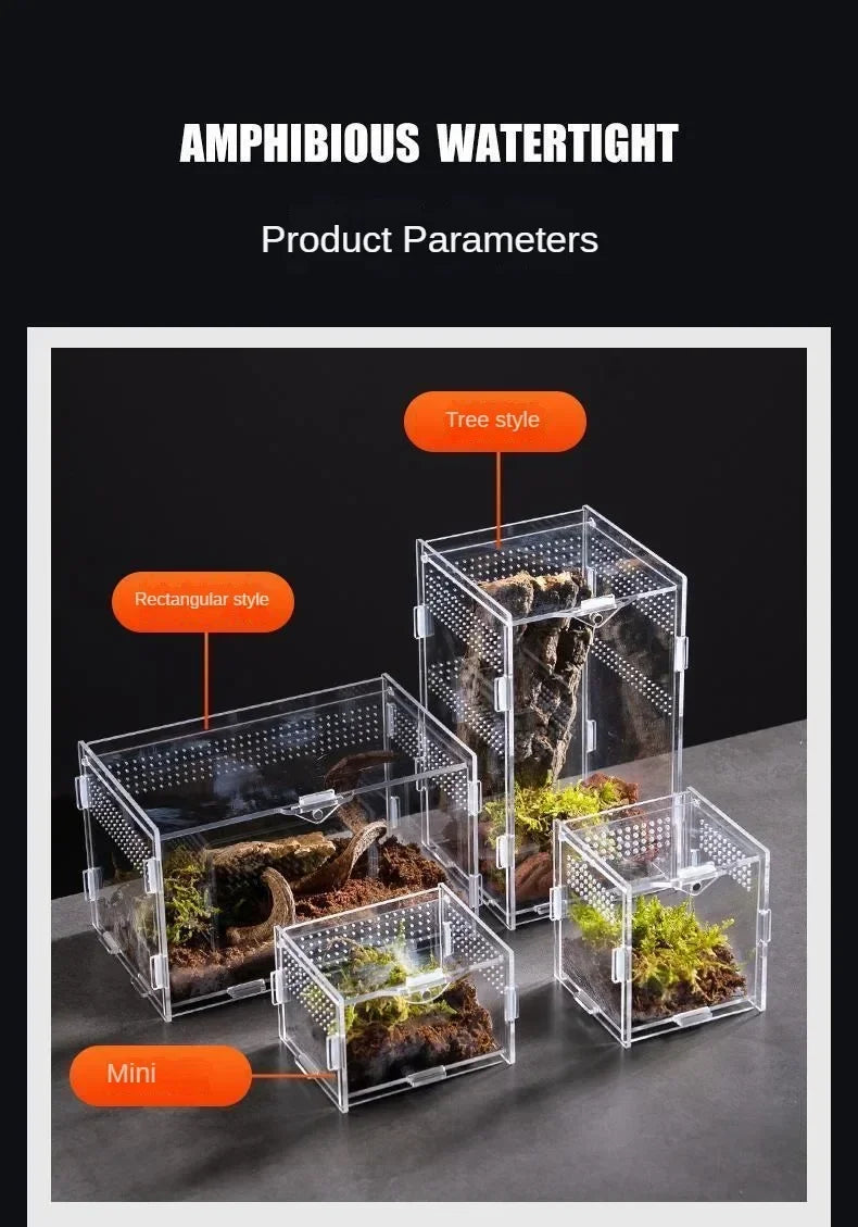 A collection of transparent acrylic reptile terrariums in various styles including rectangular, tree, and mini.