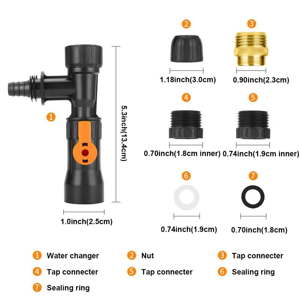 A black siphon pump for aquarium water changing, showing various components like the nut, tap connectors, and sealing rings.