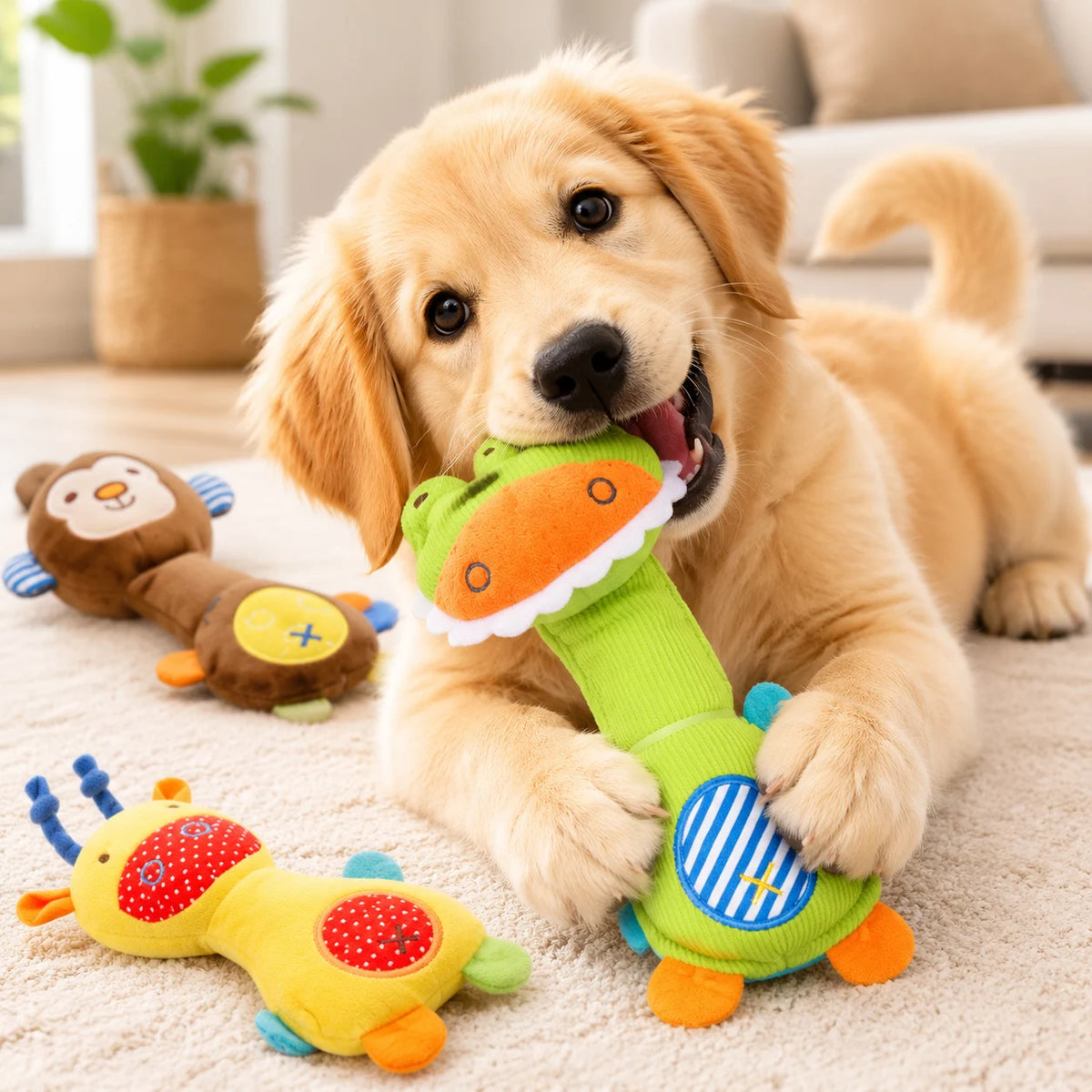 A golden retriever puppy is playing with a green squeaky plush dog toy.