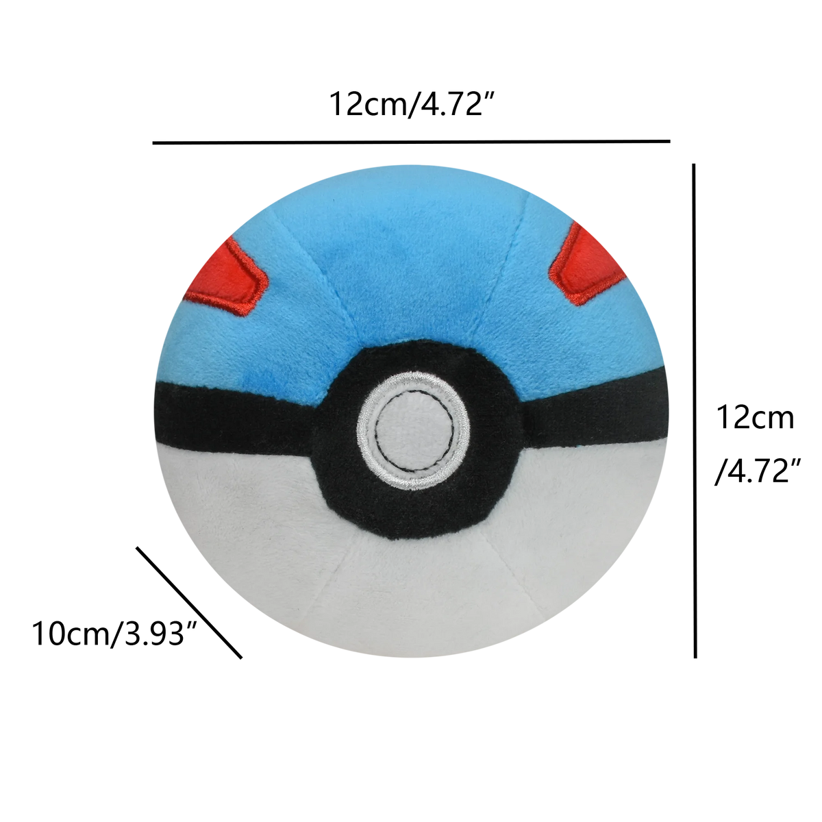A soft stuffed plush toy resembling a Poké Ball with blue, black, and red accents.