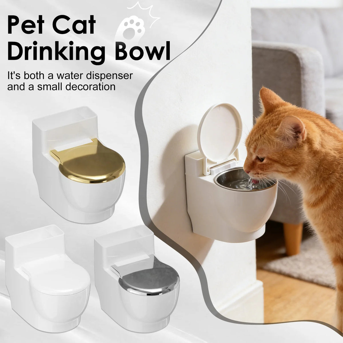 A white toilet-shaped cat drinking bowl with a lid is shown next to an orange cat.