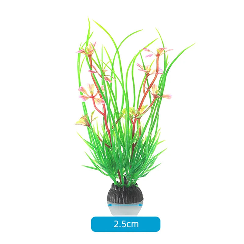 A cluster of realistic aquarium plants with pink and red flowers growing in a pot.