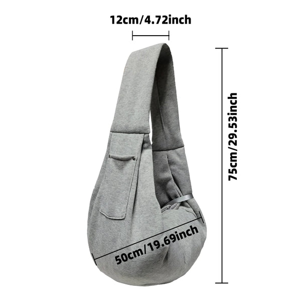 A gray hands-free pet carrier sling shown with dimensions 12cm wide and 75cm long.