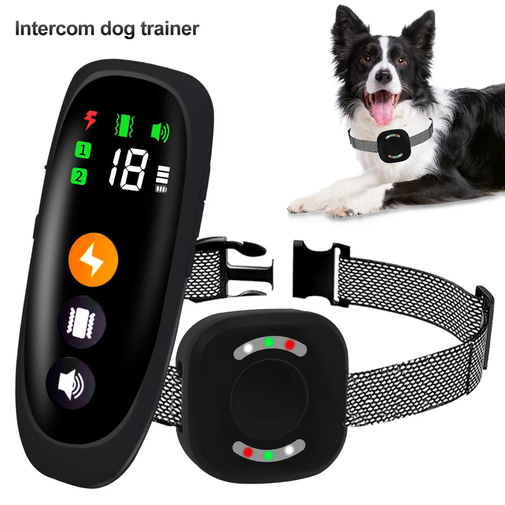 A black dog training collar and remote control are shown next to a dog wearing the collar.