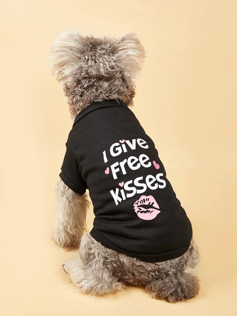 A fluffy dog wearing a black t-shirt with white text that reads I Give Free Kisses