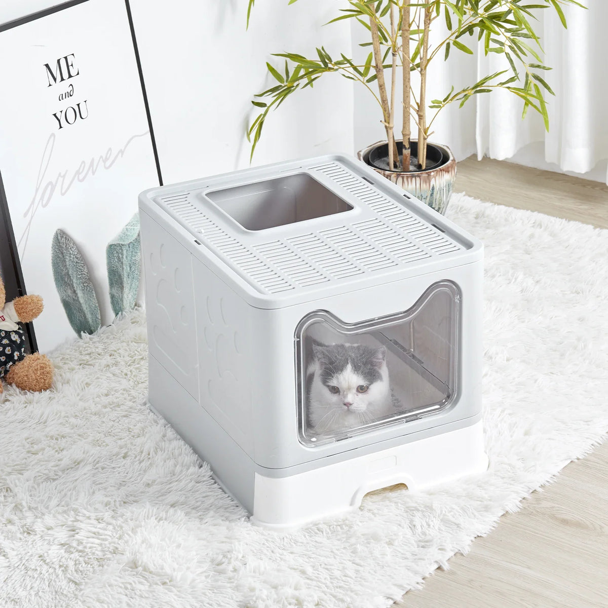 Foldable Cat Litter Box with Front Entry, Top Exit, and Drawer Tray