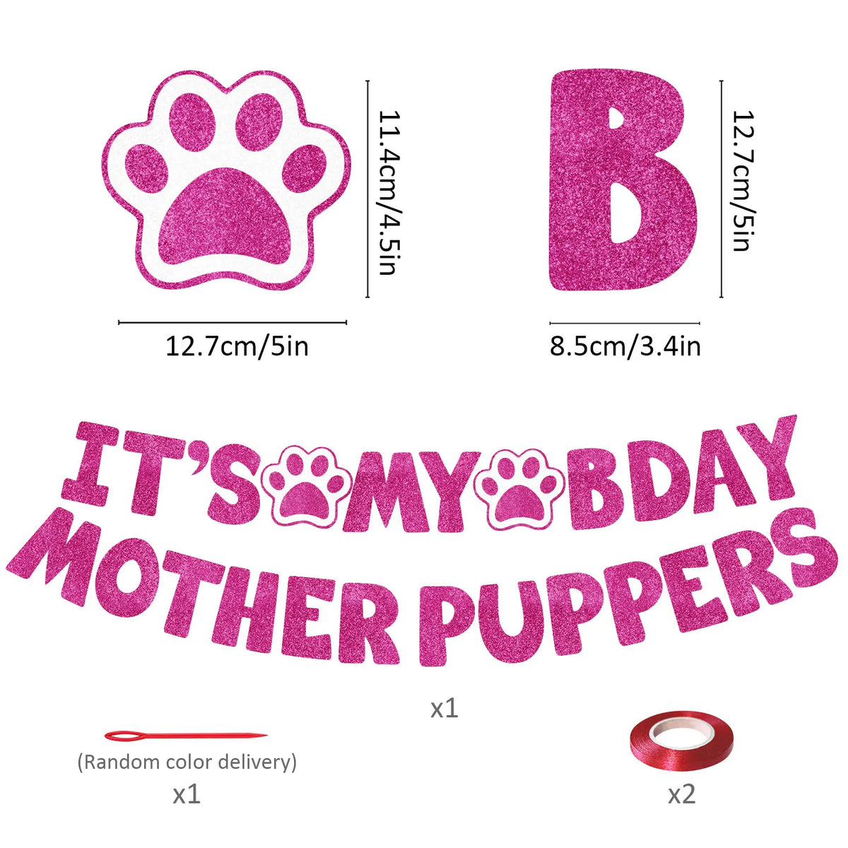 Pink glitter paw print letter B and text banner for a dog birthday party decor set
