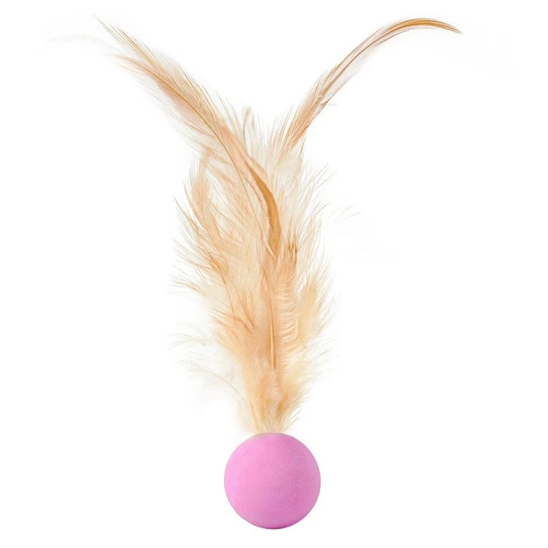 A single light tan feather is positioned above a pink elastic ball.