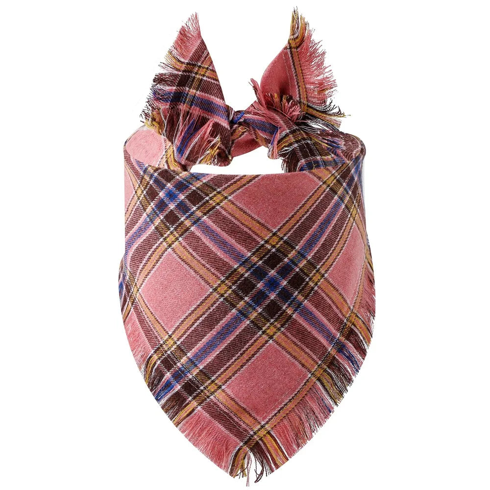 A plaid bandana featuring shades of pink, brown, and blue with fringed edges.