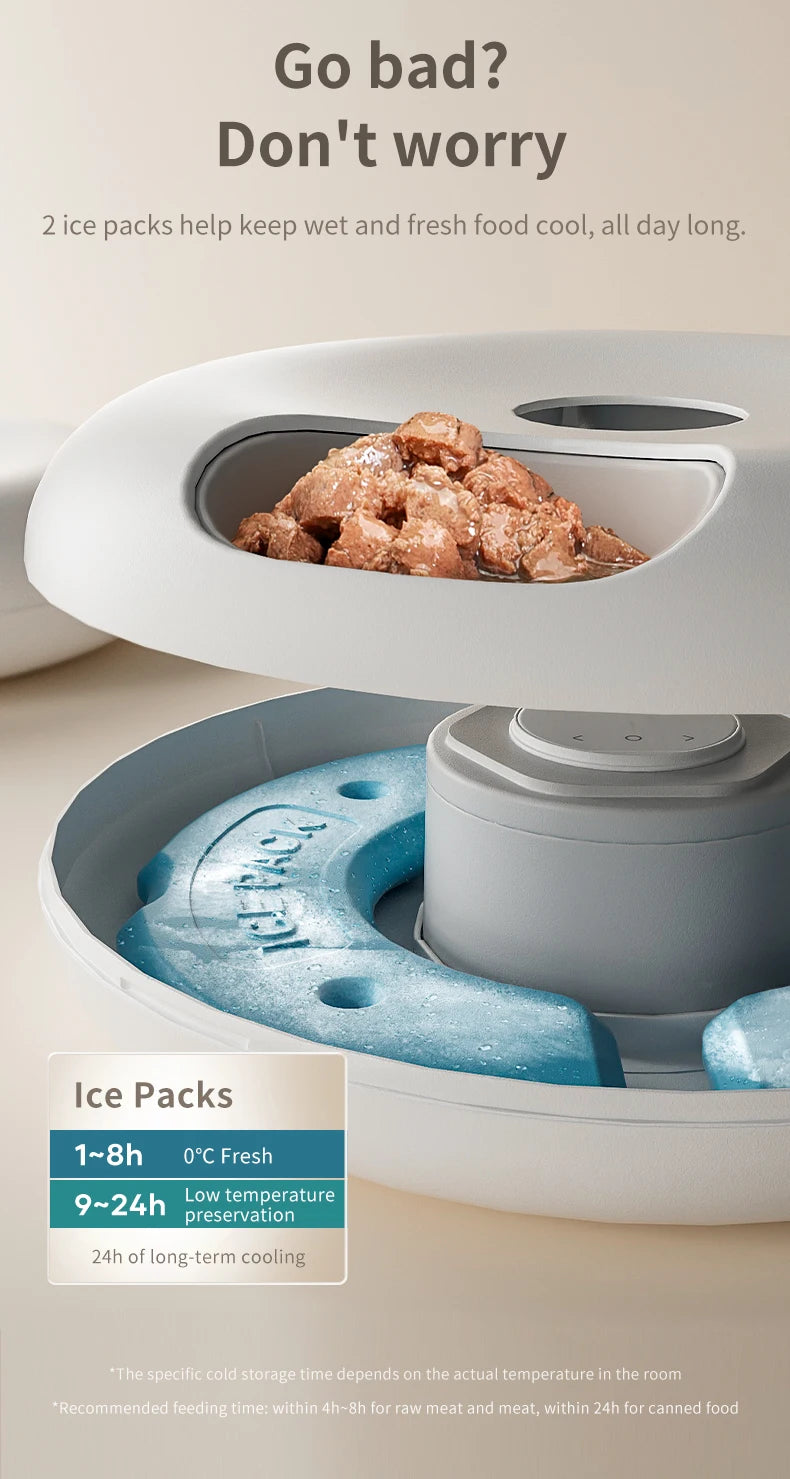 Un distributeur automatique pour animaux blanc avec des blocs de glace, montrant son utilisation pour garder la nourriture au