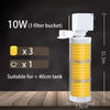 A white submersible aquarium filter with three yellow filter buckets is shown on a wooden surface.