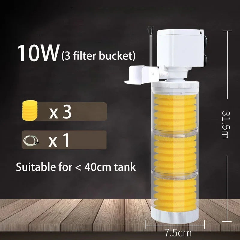 A white submersible aquarium filter with three yellow filter buckets is shown on a wooden surface.