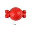 A bright red, rubber dog chew toy shaped like a dog's head with ears.