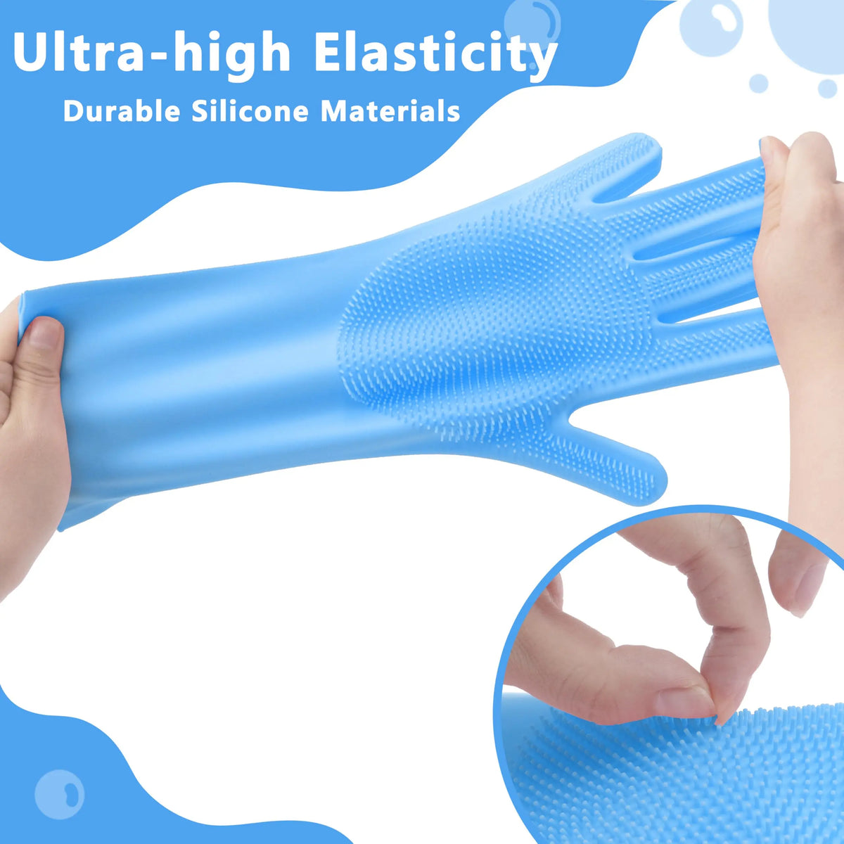 A hand is holding a blue silicone pet bathing glove with textured grooming teeth.