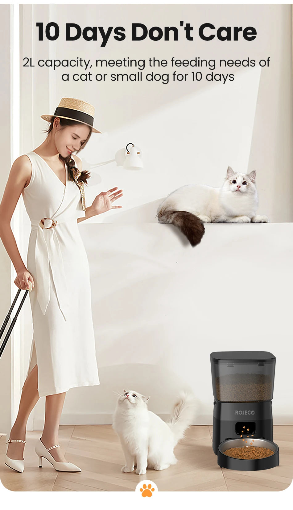 Una mujer utiliza un comedero automático para mascotas de 10 días sin preocuparse para un gato, demostrando su uso.