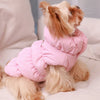 A small, light brown dog wearing a pink quilted insulated jacket lying down.