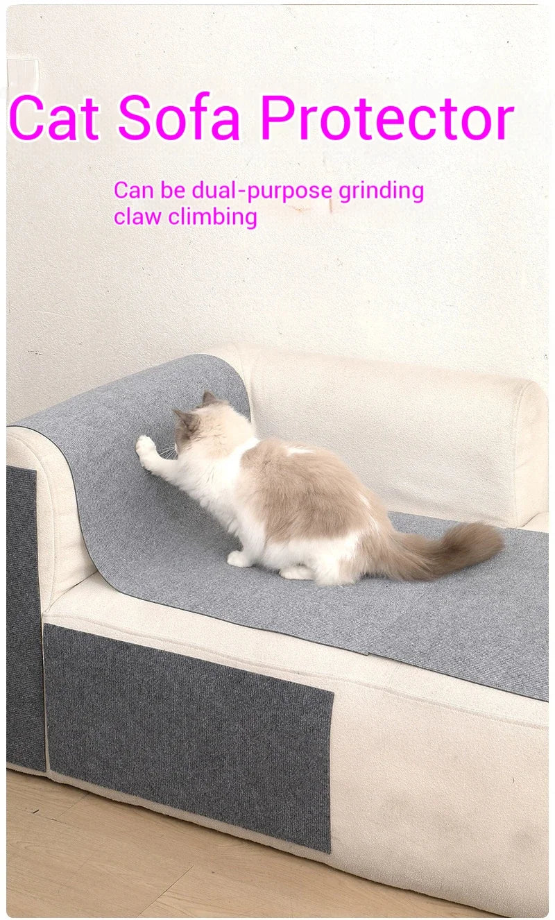 A fluffy cat is relaxing on a gray self-adhesive mat placed on a light-colored sofa to protect the furniture.