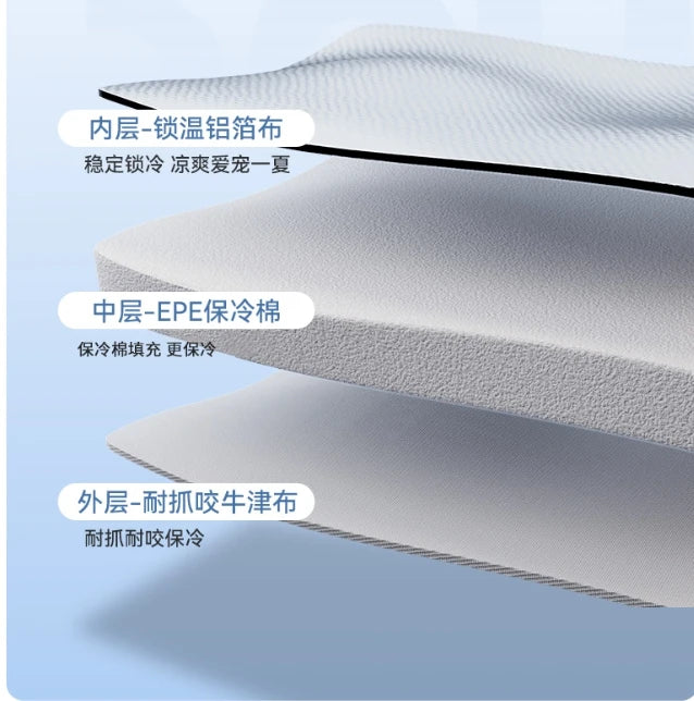 Cross-section diagram showing the layers of a pet cooling house: inner steel insulation, middle EPE insulation, and outer wat