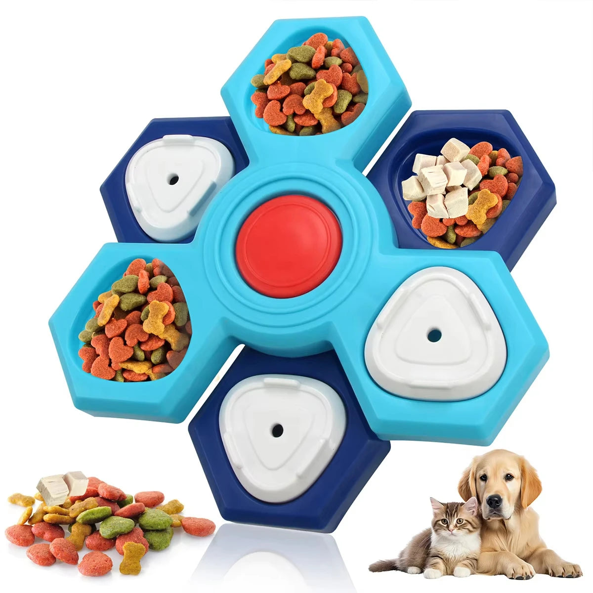 A blue and teal puzzle feeder bowl for dogs with various food items and a cat and a dog nearby.