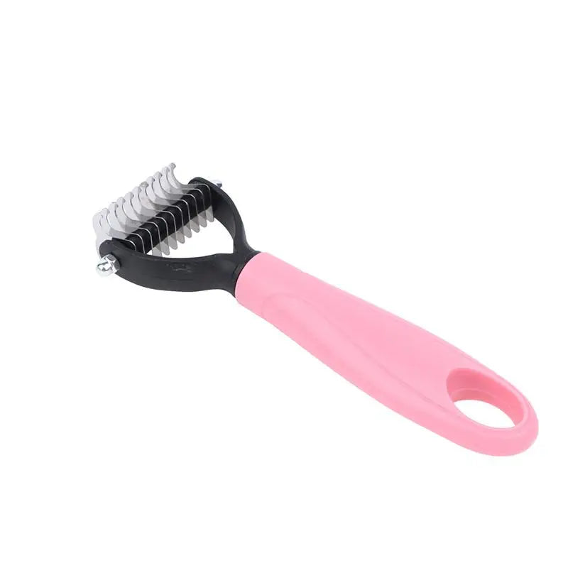 A pink pet dematting and deshedding brush with a black handle and bristles for dogs and cats.