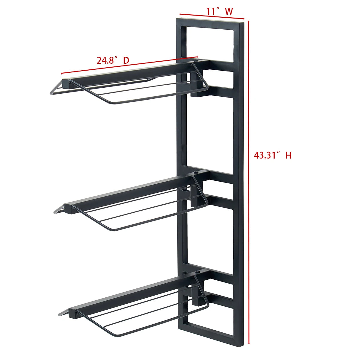 Black wall-mounted 3-tier saddle rack with individual wire racks and dimensions.