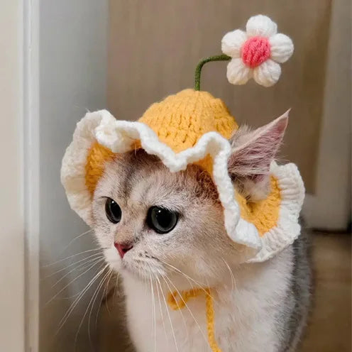 Cute Adjustable Cat Hat with Flowers for Cats and Small Dogs