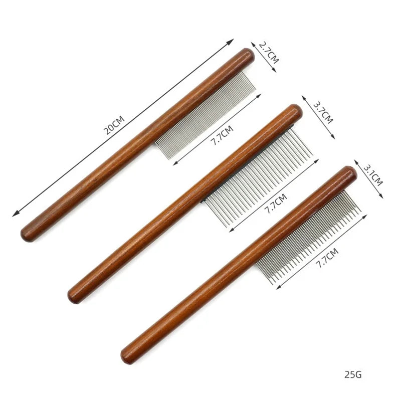 A wooden pet brush with multiple bristles is shown, measuring 20cm in length.
