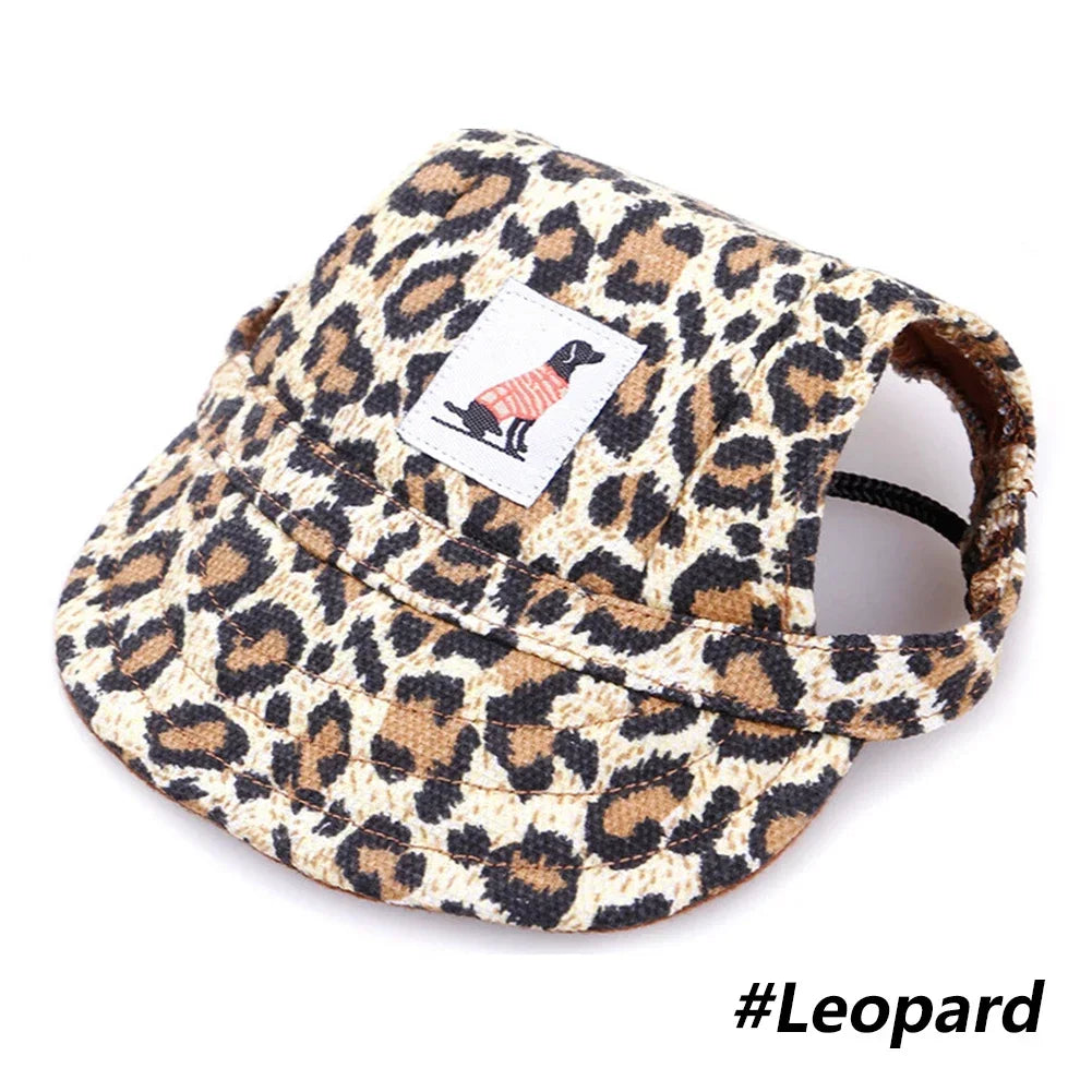 A brown and black leopard print pet grooming visor cap for dogs and cats.