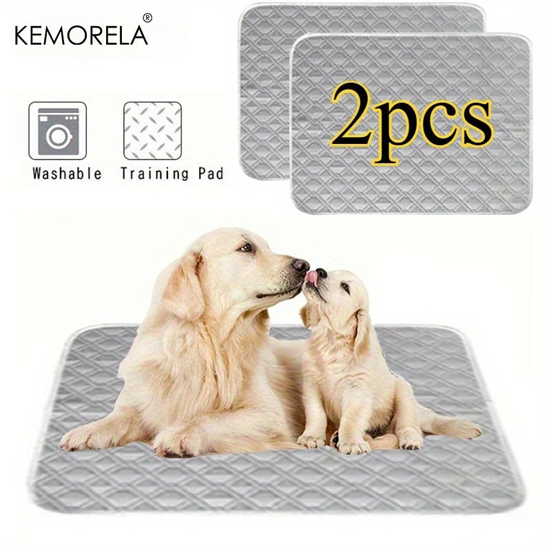 Deux chiots de couleur claire se reposent sur un tapis d'entraînement réutilisable gris.