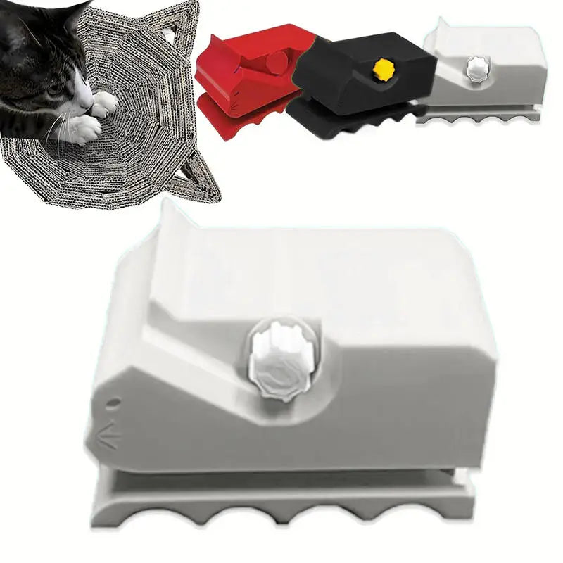 A set of tools including a red and black cardboard strip cutter and a gray plastic tool for making DIY cat scratchers and cra