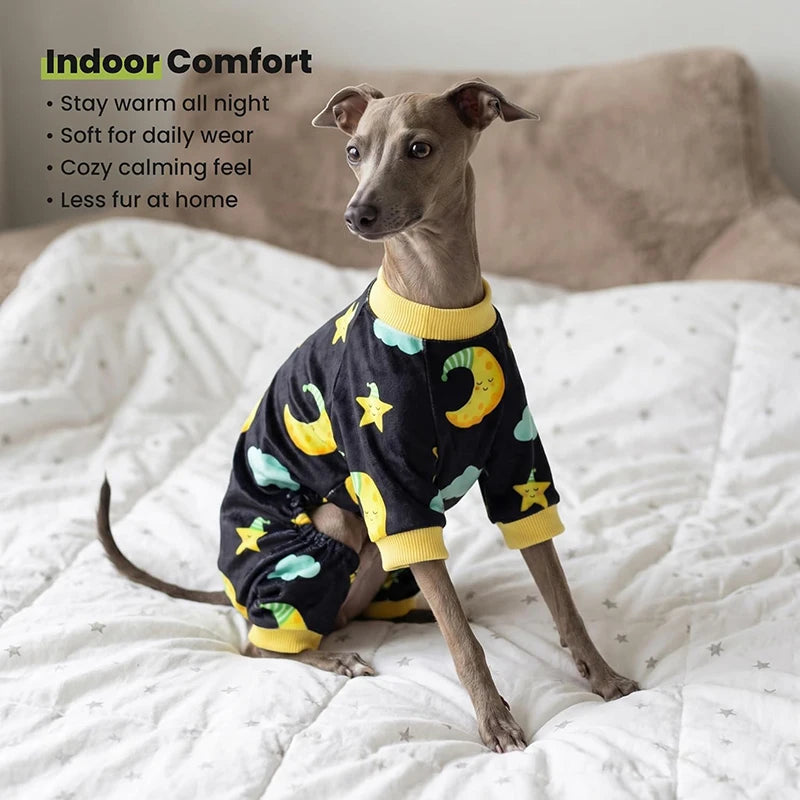 A dog wearing a black pajama set with yellow and green moon and star prints, lying on a white blanket.