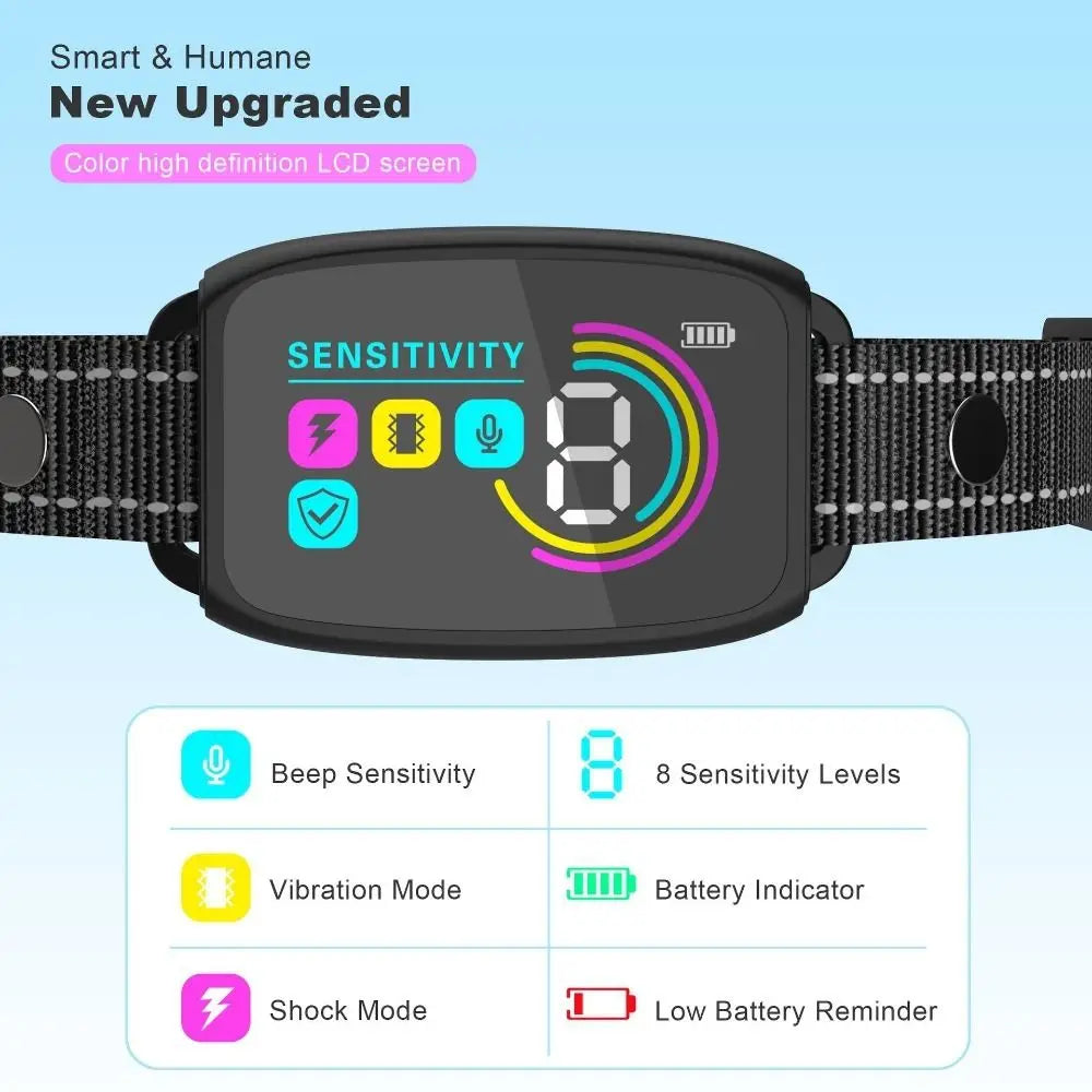 A black dog bark collar showing sensitivity settings and battery indicators.