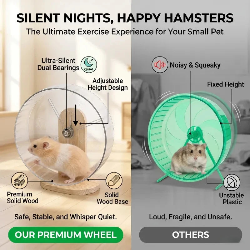Silent Acrylic Hamster Running Wheel with Wooden Stand