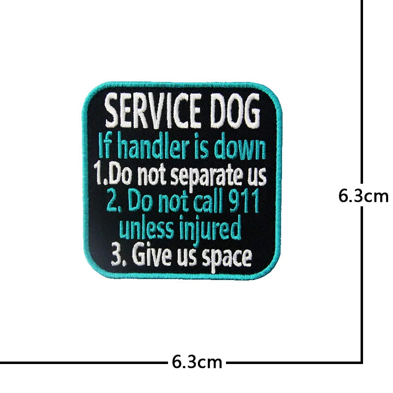 A black embroidered patch with teal text instructing handlers on how to interact with a service dog.