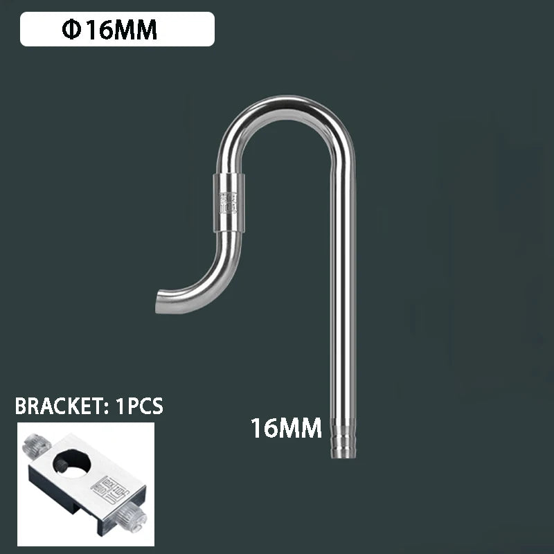 A stainless steel aquarium filter tube with a curved spout and a mounting bracket.