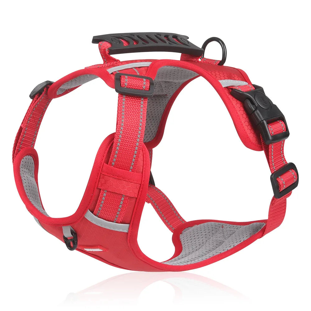 A bright red adjustable reflective dog harness with a handle and breathable vest shown from above.
