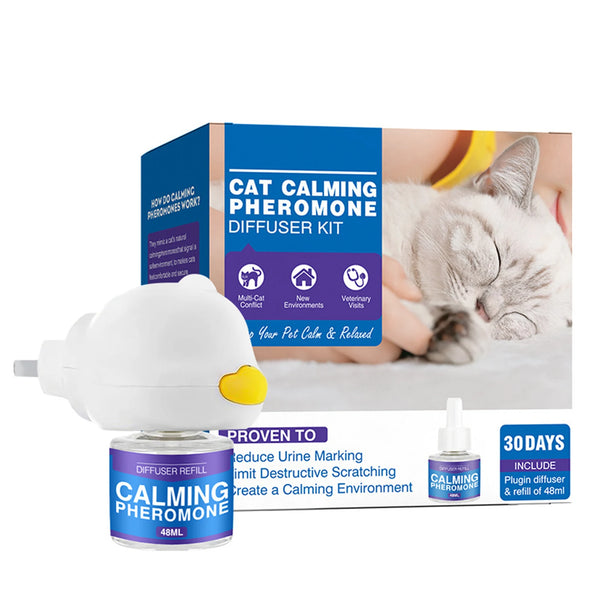 A white cat calming pheromone diffuser kit with a refill bottle and packaging showing its use for cats.
